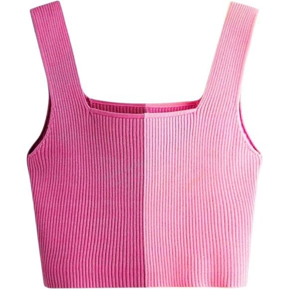 Tops - Solid Ribbed Knit Crop Top Tank Colorblock Pink